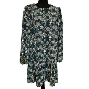 Caslon Green Floral Tiered Sundress with Bishop Sleeves Sz L PTP 21.5